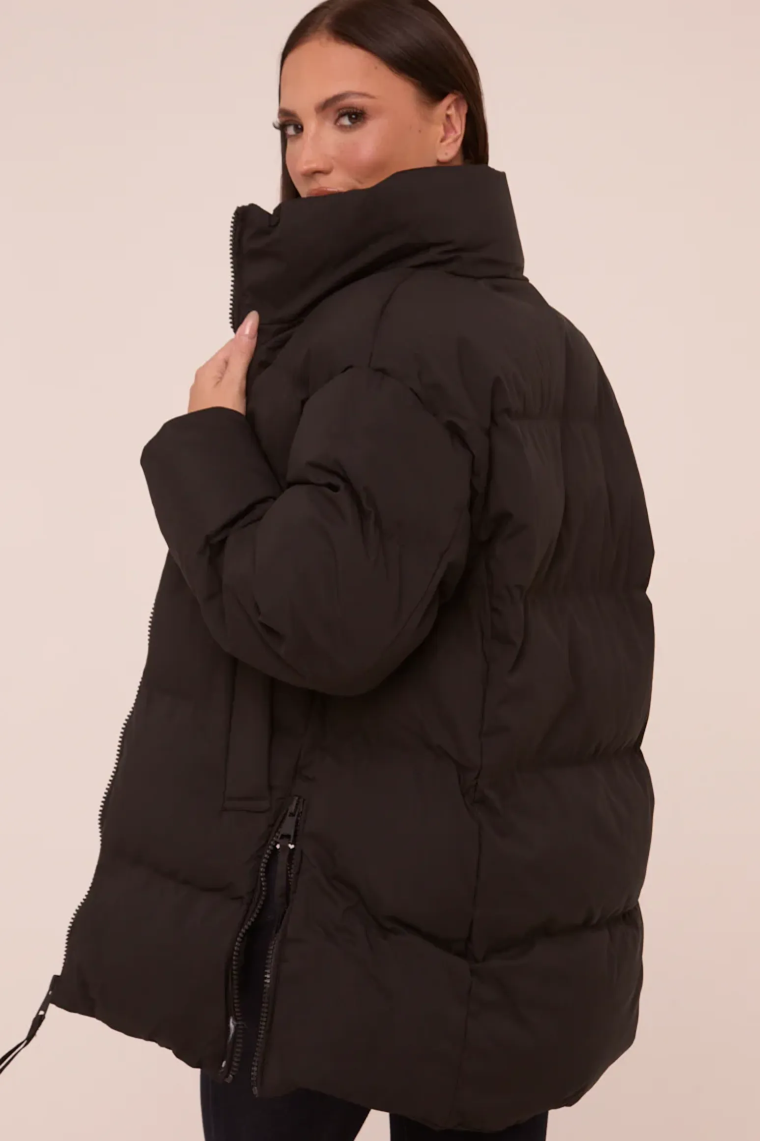 Rebellious Fashion Black High Neck Zip Fastening Puffer Jacket - Camelia