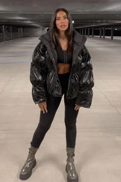 Rebellious Fashion Black High Neck Zip Up Puffer Coat - Siona