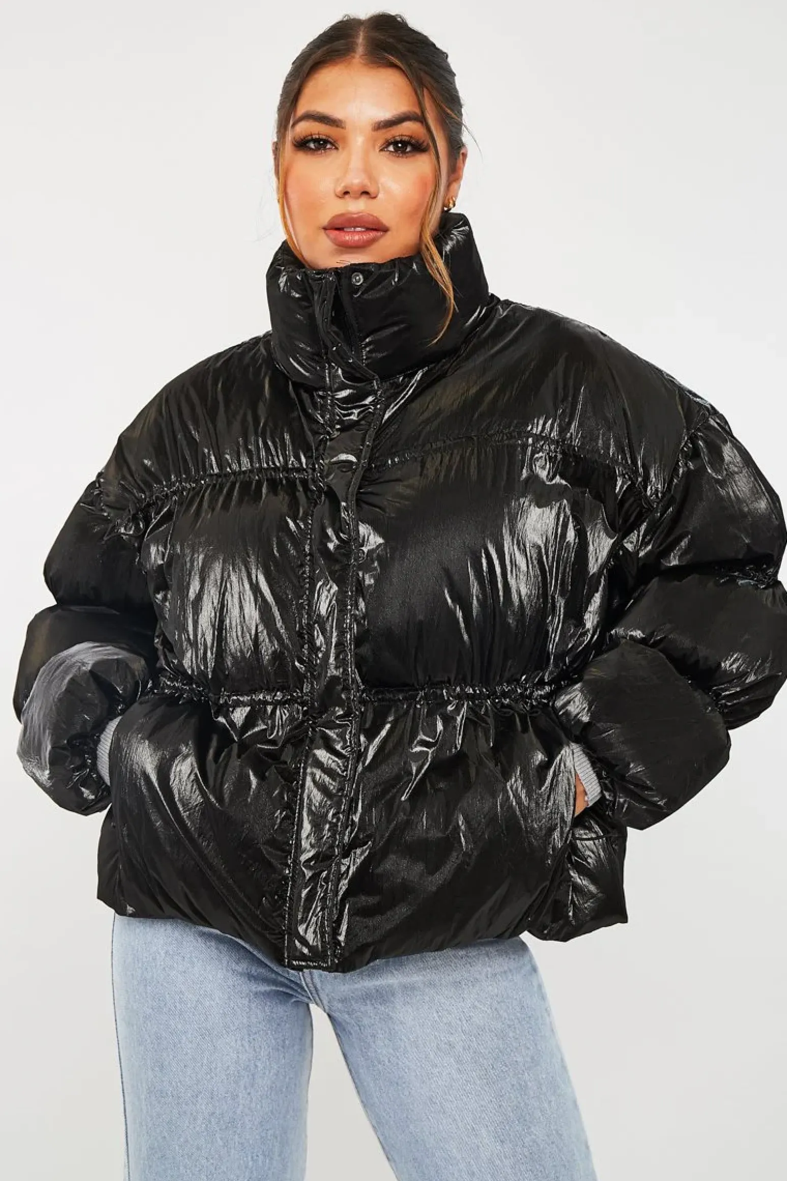 Rebellious Fashion Black High Neck Zip Up Puffer Coat - Siona