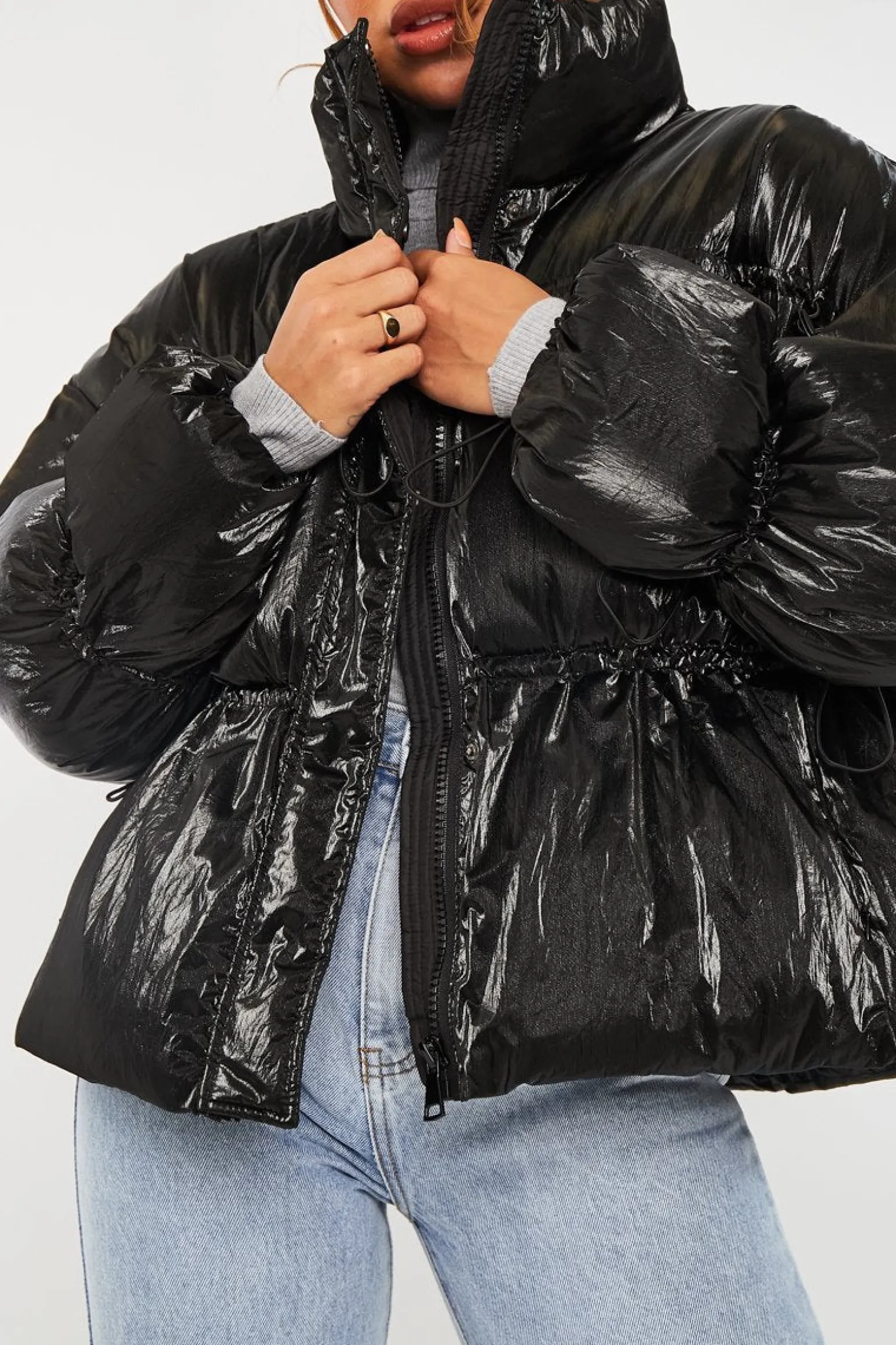 Rebellious Fashion Black High Neck Zip Up Puffer Coat - Siona
