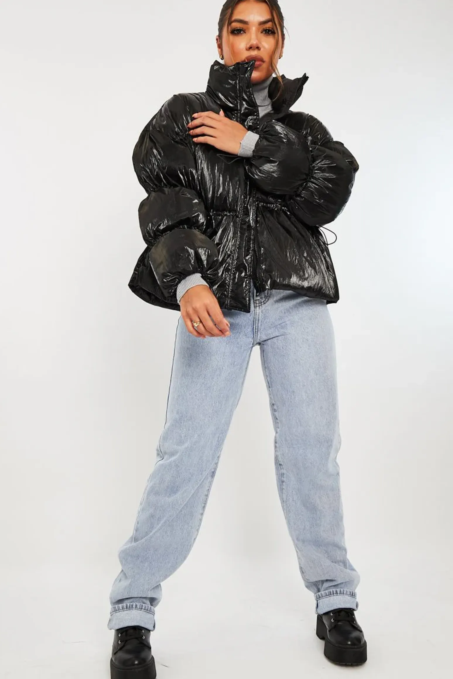 Rebellious Fashion Black High Neck Zip Up Puffer Coat - Siona