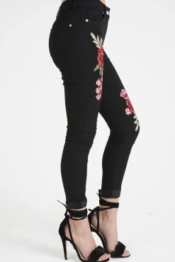 Rebellious Fashion Black High Rise Embroidered Skinny Jeans - Lorna