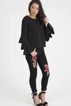 Rebellious Fashion Black High Rise Embroidered Skinny Jeans - Lorna