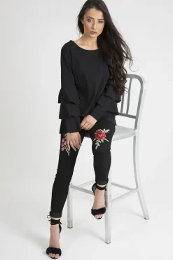 Rebellious Fashion Black High Rise Embroidered Skinny Jeans - Lorna