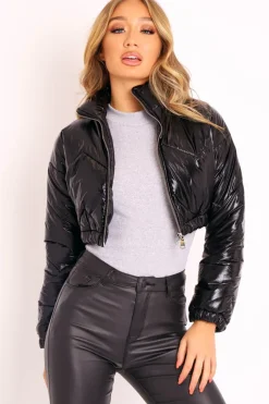 Rebellious Fashion Black High Shine Cropped Puffer Jacket - Odalis