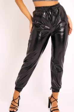 Rebellious Fashion Black High Shine Drawstring Waist Joggers - Faye