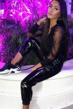 Rebellious Fashion Black High Shine Drawstring Waist Joggers - Faye
