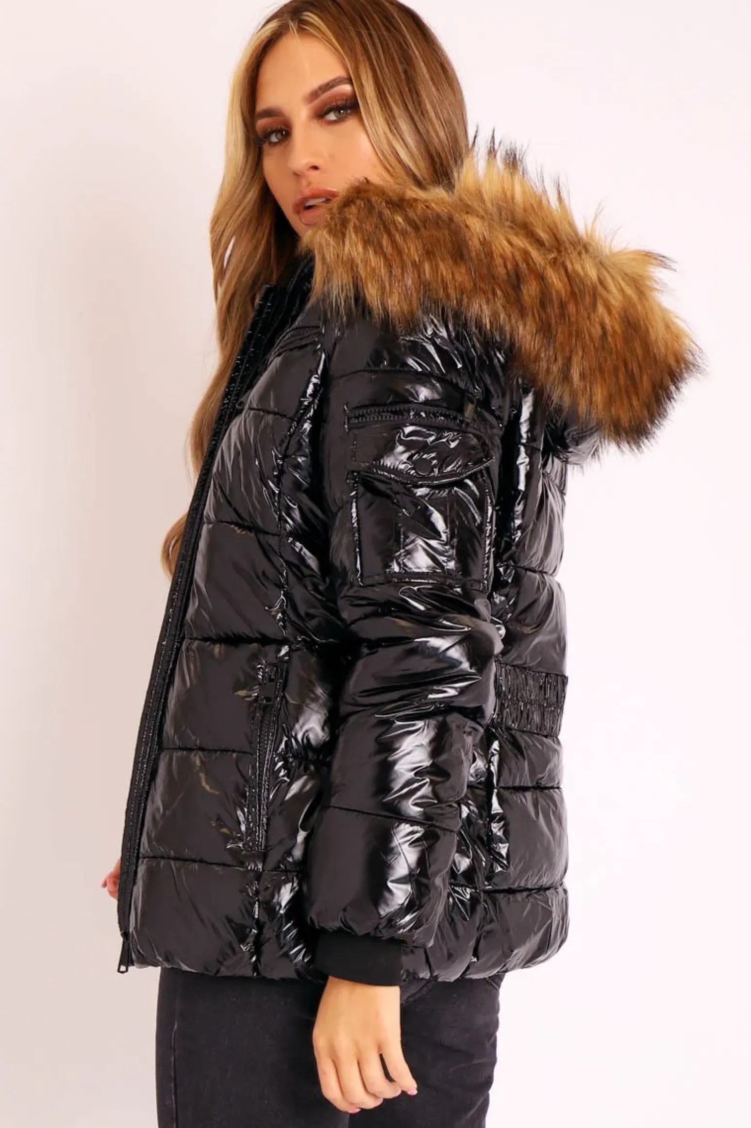 Rebellious Fashion Black High Shine Fur Trim Puffer Coat - Stacia