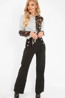 Rebellious Fashion Black High Waist Button Front Wide Leg Trousers - Chrisy