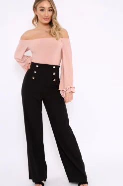 Rebellious Fashion Black High Waist Button Front Wide Leg Trousers - Juna