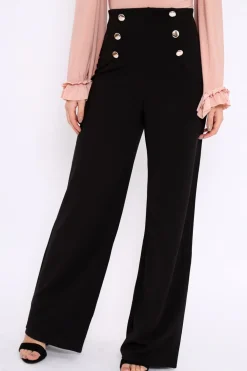 Rebellious Fashion Black High Waist Button Front Wide Leg Trousers - Juna