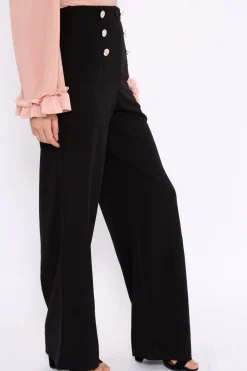 Rebellious Fashion Black High Waist Button Front Wide Leg Trousers - Juna