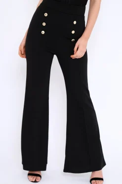 Rebellious Fashion Black High Waist Button Front Flare Trousers - Raye