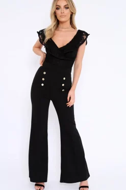 Rebellious Fashion Black High Waist Button Front Flare Trousers - Raye