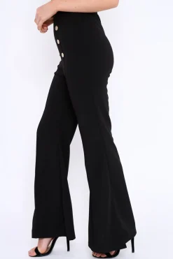 Rebellious Fashion Black High Waist Button Front Flare Trousers - Raye