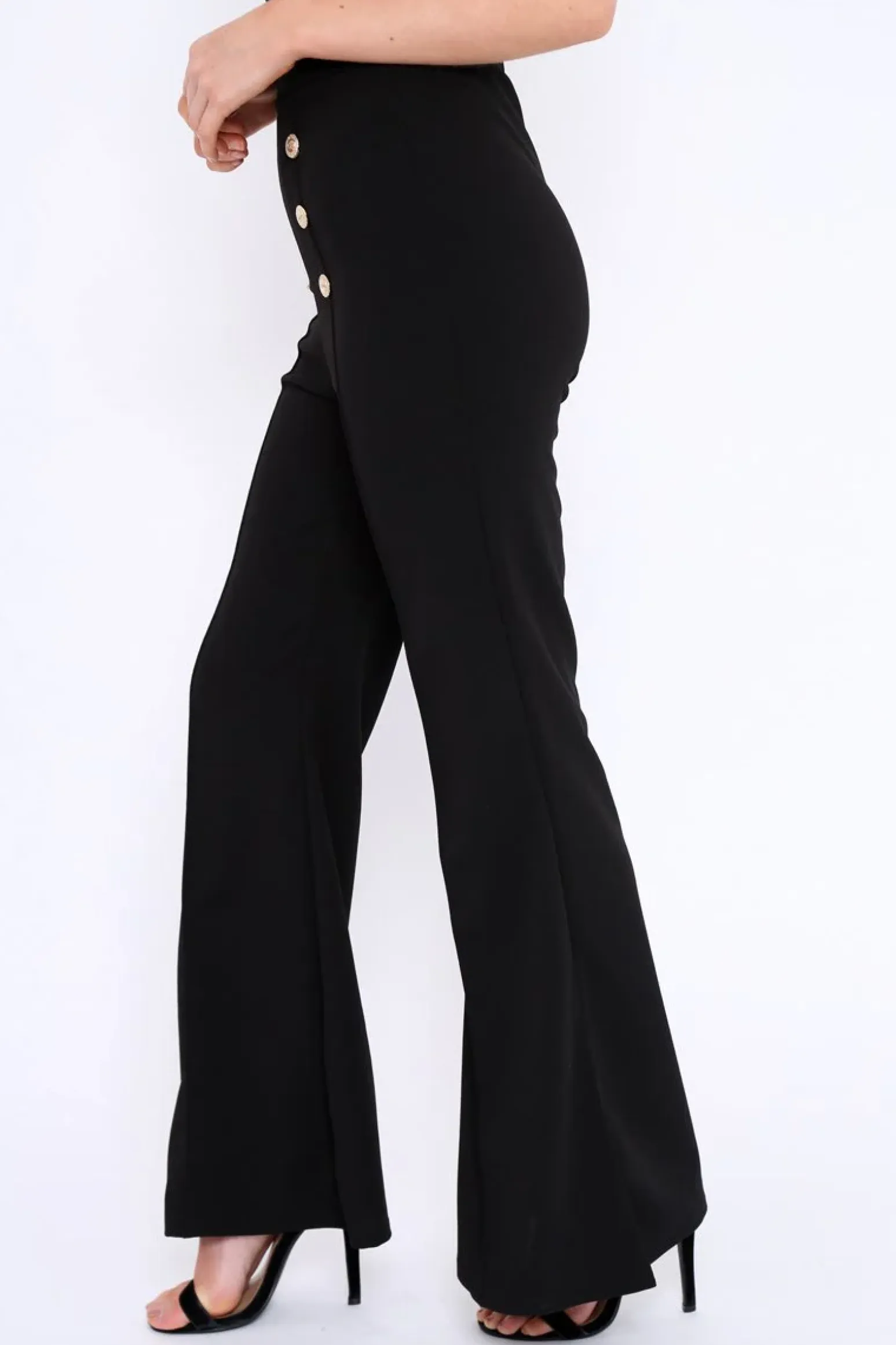 Rebellious Fashion Black High Waist Button Front Flare Trousers - Raye