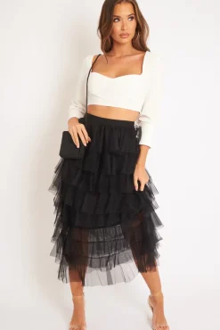 Rebellious Fashion Black High Waisted Tulle Ruffle Midi Skirt - Aaliyana
