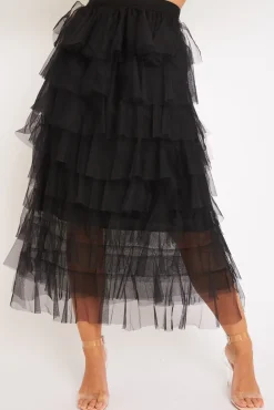 Rebellious Fashion Black High Waisted Tulle Ruffle Midi Skirt - Aaliyana