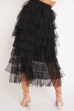 Rebellious Fashion Black High Waisted Tulle Ruffle Midi Skirt - Aaliyana