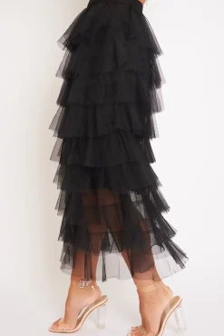 Rebellious Fashion Black High Waisted Tulle Ruffle Midi Skirt - Aaliyana