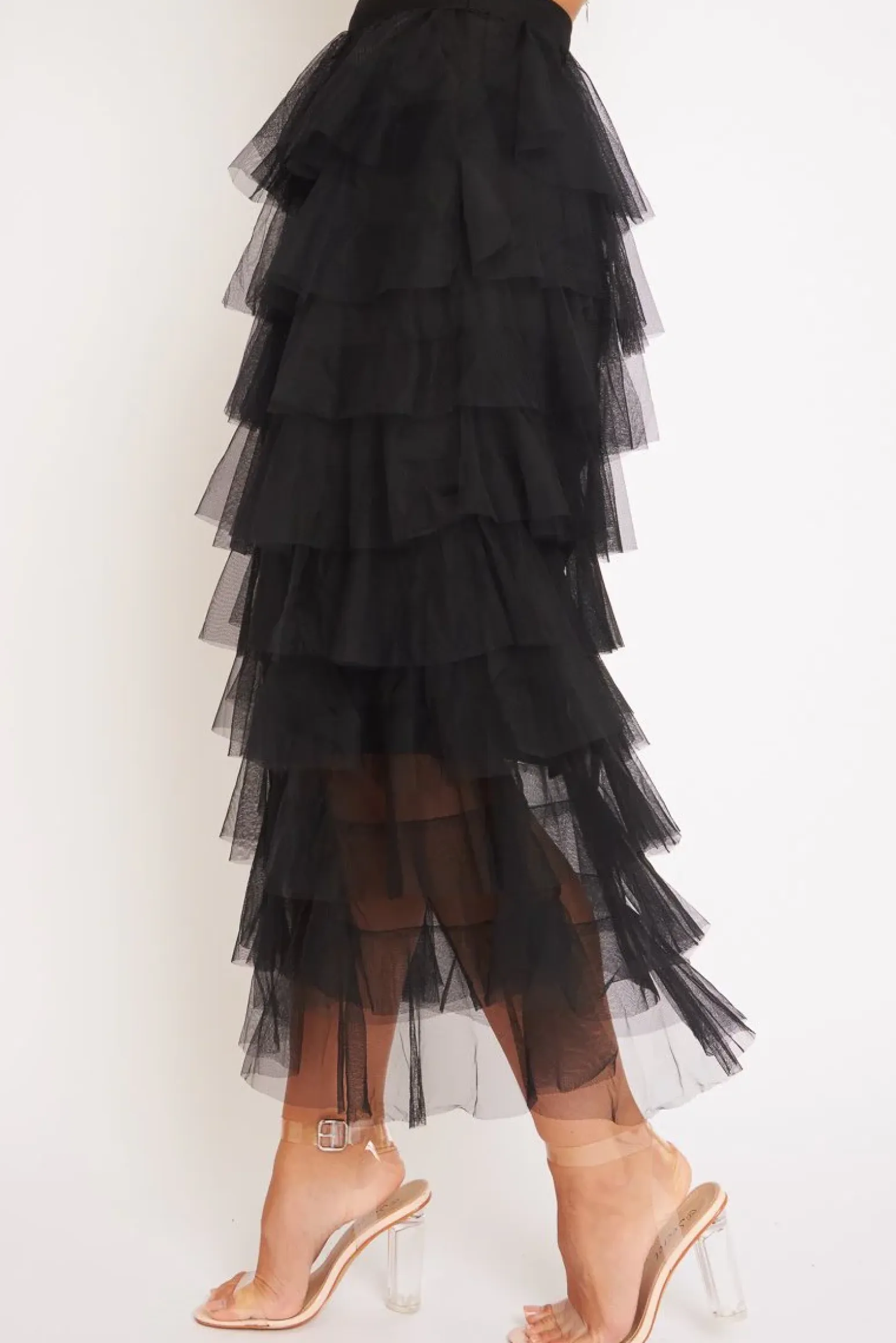 Rebellious Fashion Black High Waisted Tulle Ruffle Midi Skirt - Aaliyana