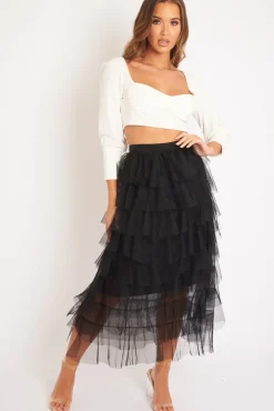 Rebellious Fashion Black High Waisted Tulle Ruffle Midi Skirt - Aaliyana