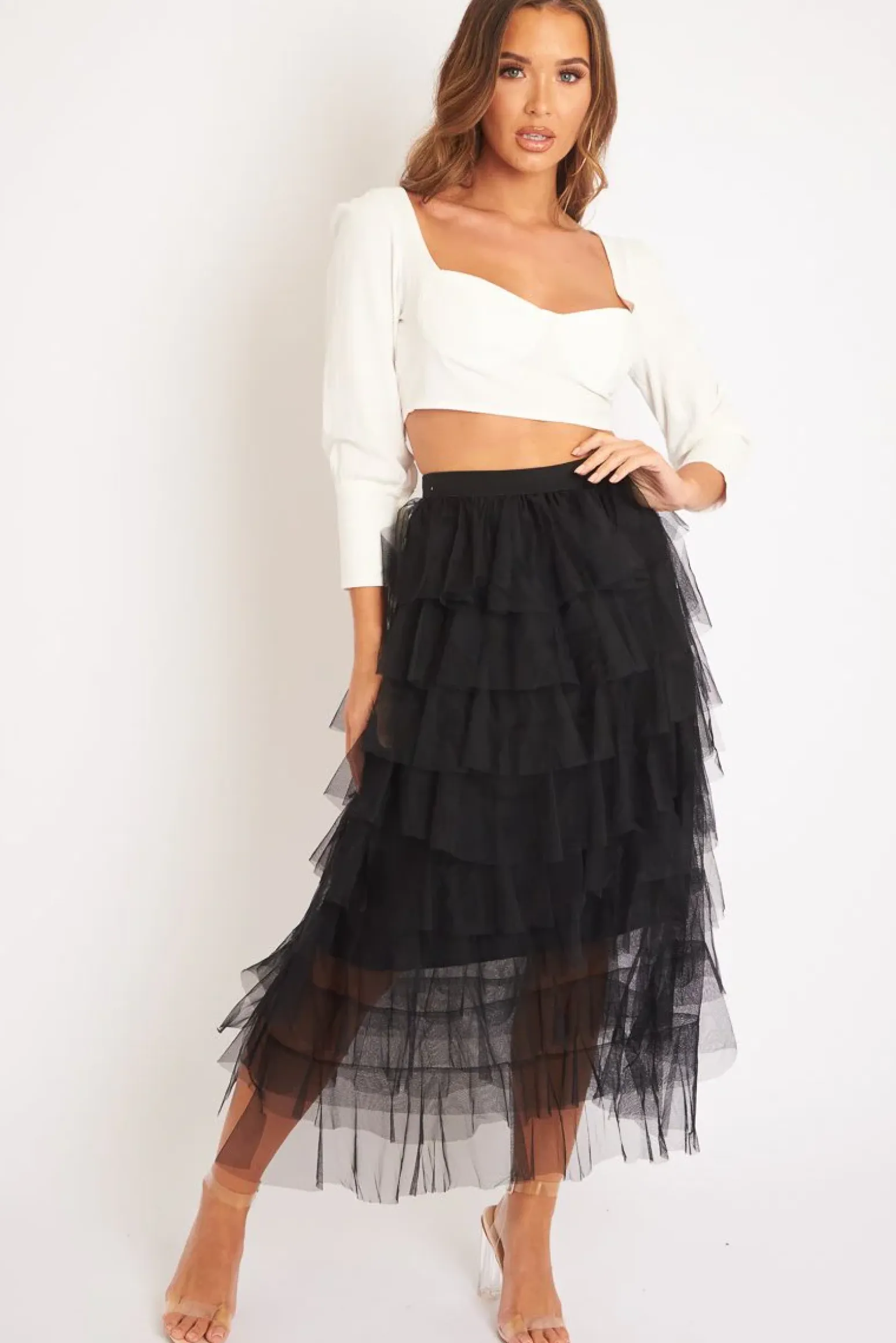 Rebellious Fashion Black High Waisted Tulle Ruffle Midi Skirt - Aaliyana