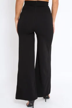 Rebellious Fashion Black High Waist Flare Trousers with Popper detail -Tamy