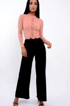 Rebellious Fashion Black High Waist Flare Trousers with Black Sash Belt - Lila
