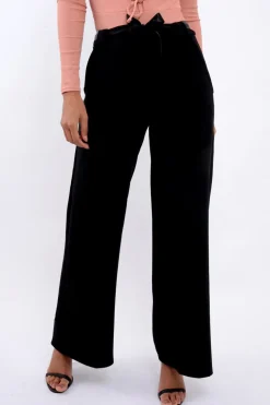 Rebellious Fashion Black High Waist Flare Trousers with Black Sash Belt - Lila
