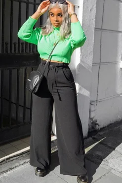 Rebellious Fashion Black High Waist Paper Bag Buckle Belt Trousers - Ivyonna
