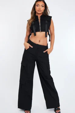 Rebellious Fashion Black High Waist Pocket Cargo Trousers - Raine