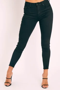 Rebellious Fashion Black High Waist Raw Hem Skinny Jeans - Calissa