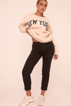 Rebellious Fashion Black High Waist Stretch Turn Up Hem Mom Jeans - Corra