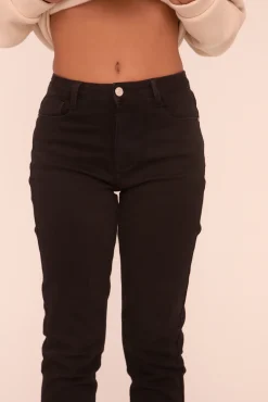 Rebellious Fashion Black High Waist Stretch Turn Up Hem Mom Jeans - Corra
