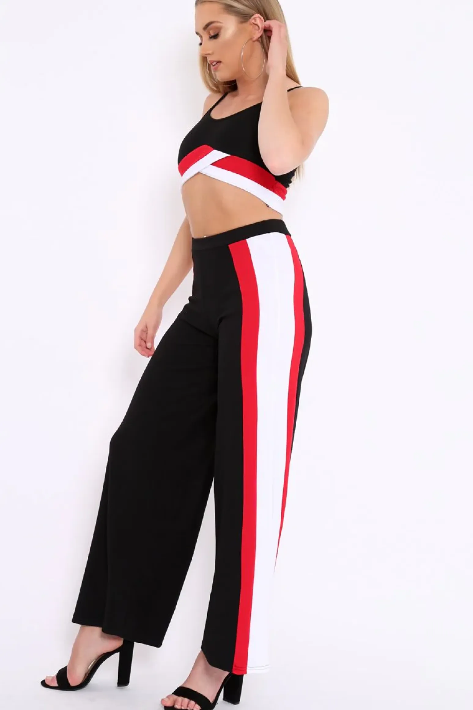 Rebellious Fashion Black High Waist Trousers with Red and White Side Stripes - Enia