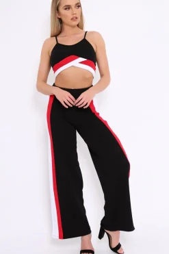 Rebellious Fashion Black High Waist Trousers with Red and White Side Stripes - Enia