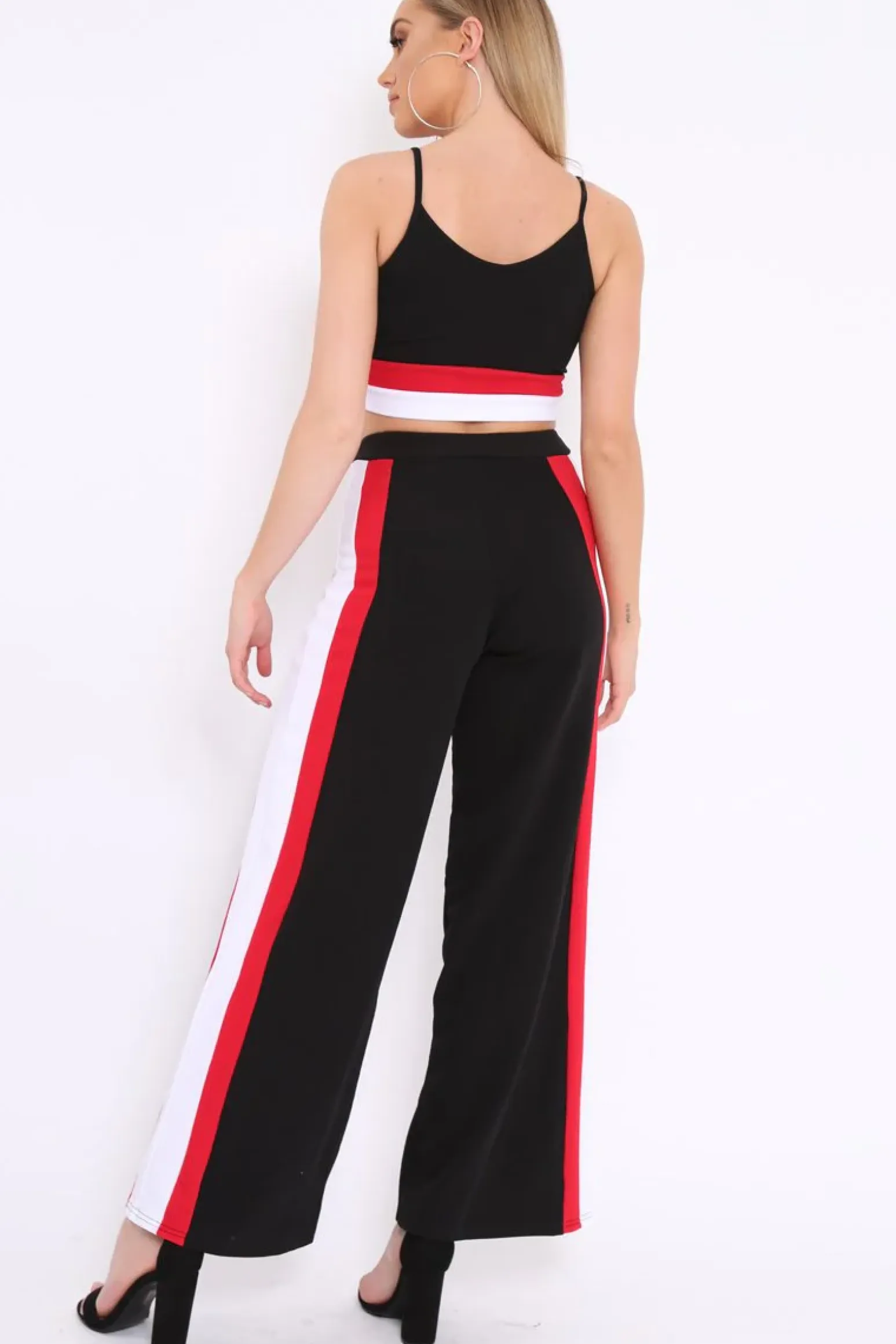 Rebellious Fashion Black High Waist Trousers with Red and White Side Stripes - Enia