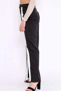 Rebellious Fashion Black High Waist White Strip Trousers - Berdie