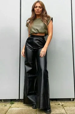 Rebellious Fashion Black High Waist Wide Leg Faux Leather Trousers - Hanika