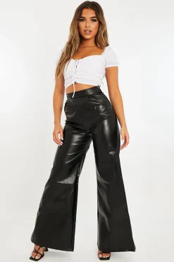 Rebellious Fashion Black High Waist Wide Leg Faux Leather Trousers - Hanika
