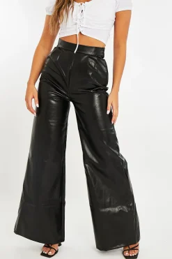 Rebellious Fashion Black High Waist Wide Leg Faux Leather Trousers - Hanika