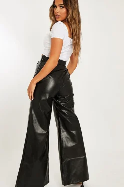 Rebellious Fashion Black High Waist Wide Leg Faux Leather Trousers - Hanika