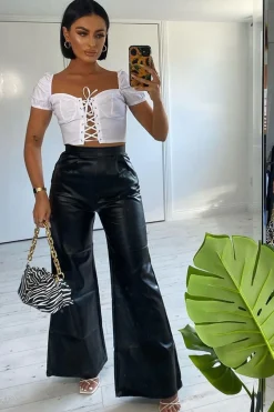 Rebellious Fashion Black High Waist Wide Leg Faux Leather Trousers - Hanika