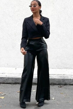 Rebellious Fashion Black High Waist Wide Leg Faux Leather Trousers - Hanika