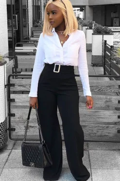 Rebellious Fashion Black High Waist Wide Leg Trousers with Buckle - Monico