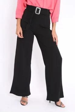 Rebellious Fashion Black High Waist Wide Leg Trousers with Buckle - Monico