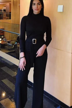 Rebellious Fashion Black High Waist Wide Leg Trousers with Buckle - Monico