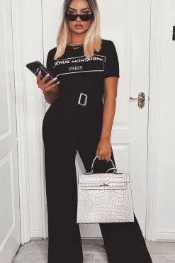 Rebellious Fashion Black High Waist Wide Leg Trousers with Buckle - Monico