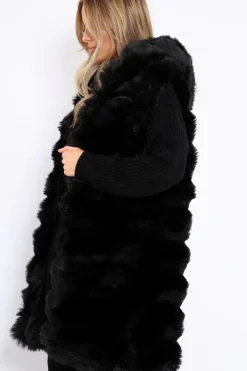 Rebellious Fashion Black Hooded Faux Fur Gilet - Jadie